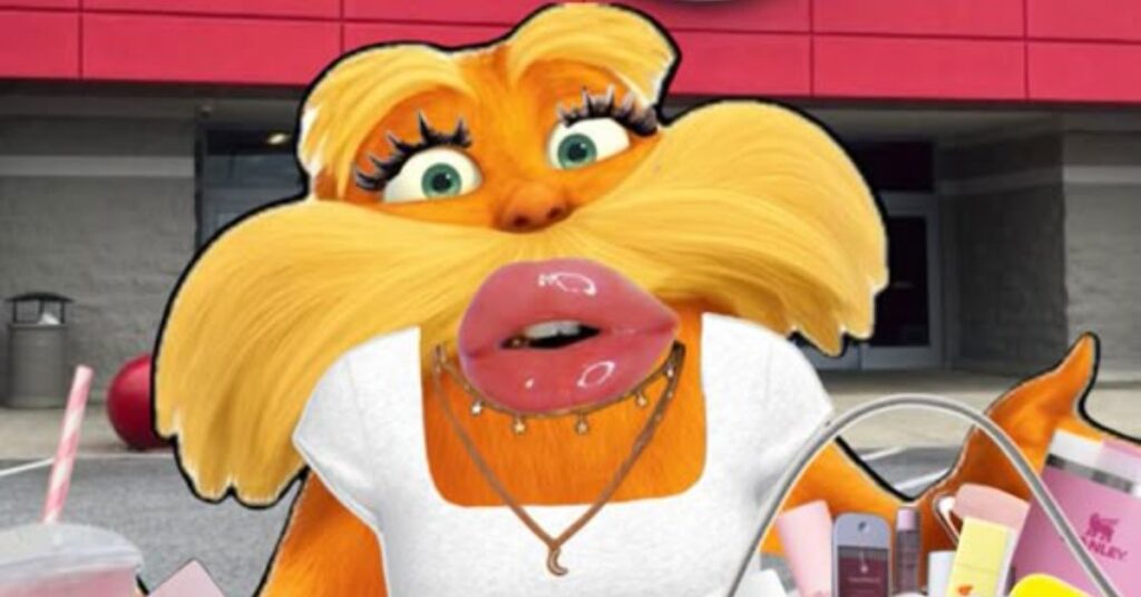 A creative AI-generated image of The Lorax dressed in a preppy outfit — pastel polo shirt, plaid blazer, and loafers — standing beside truffula trees with a coffee cup in hand. The background has a minimalist, aesthetic vibe that reflects both nature and elite fashion culture. Perfect for illustrating the “Preppy Lorax” internet trend.