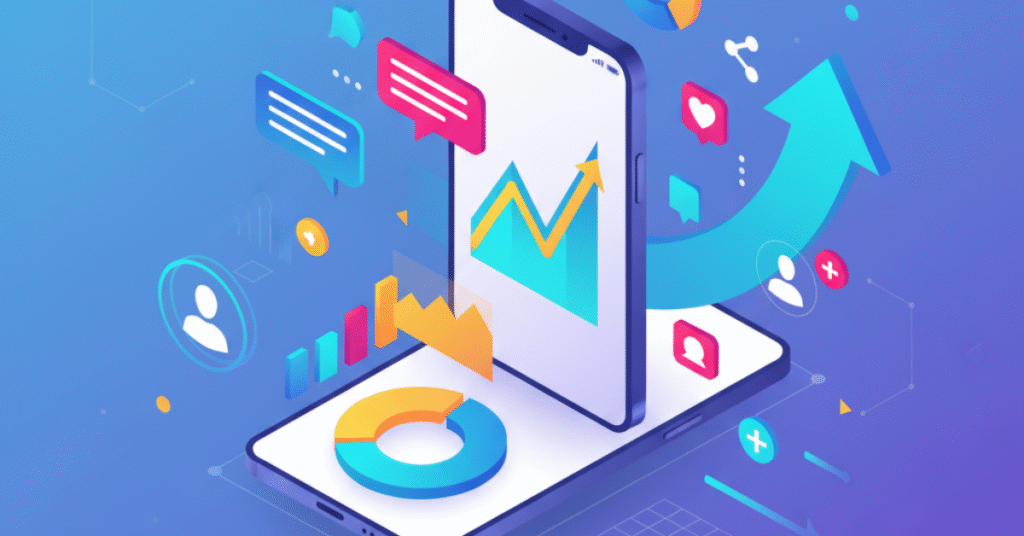 A sleek digital illustration showing a smartphone with increasing Instagram follower icons and upward trend lines. Designed in smooth purple and pink gradients to reflect social media growth and modern online tools.