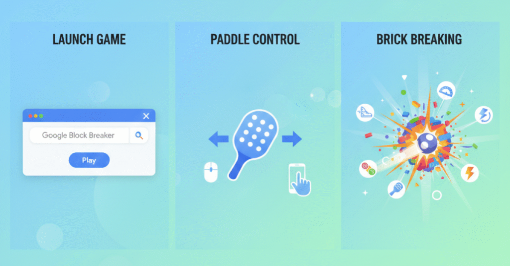 A colorful screenshot-style illustration of the Google Block Breaker game, showing a paddle, bouncing ball and bright rows of bricks, representing the revived excitement around the Google Doodle Block Breaker experience.