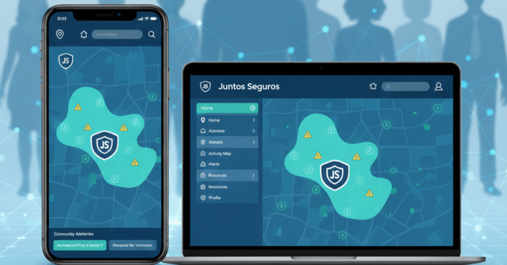 A visual illustration showing the Juntos Seguros ICE map, highlighting alerts, safety zones, and the juntosseguros .com interface designed for real-time immigrant community protection in 2025.